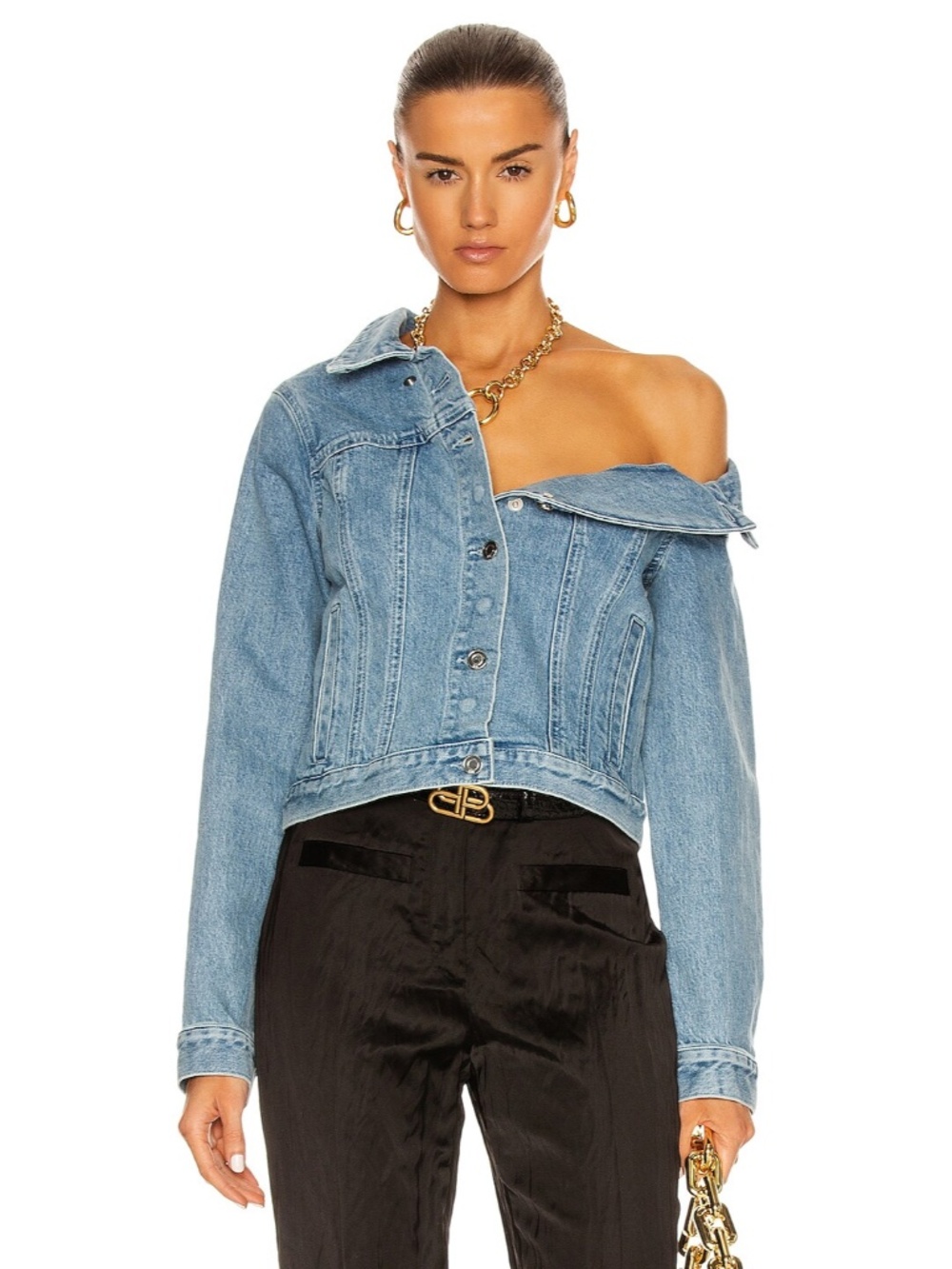 NEW RtA Rebecca One Shoulder Denim Jacket Natural Blue XS